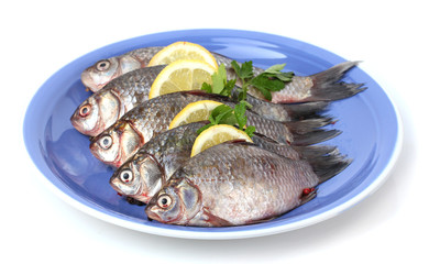 Fresh fishes with lemon and parsley on plate isolated on white