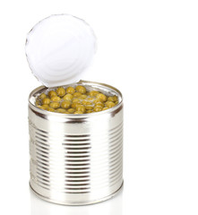 Open tin can of peas isolated on white