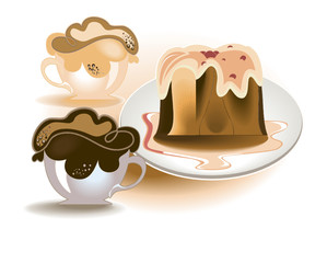 Cake with chocolate icing and two cups of coffee