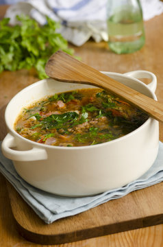 Puy lentil, spinach and bacon soup