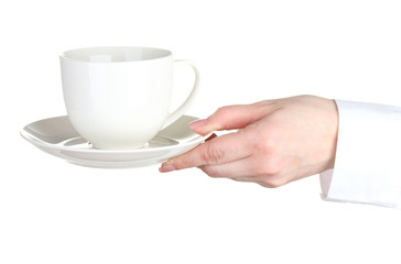 Woman hand with cup of coffee isolated on white
