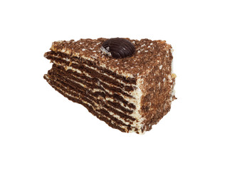 Piece of chocolate cake filled with cream isolated