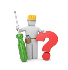 3d worker with screwdriver and question