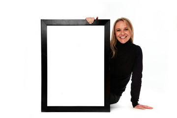 Young woman displaying a banner add isolated over a white backgr