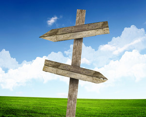 Blank road signs against blue sky