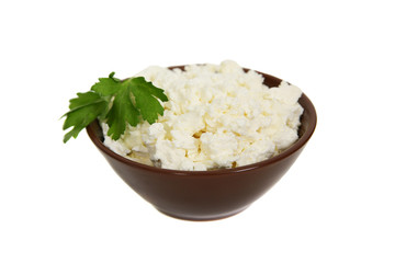 Cottage cheese in plate isolated on white background