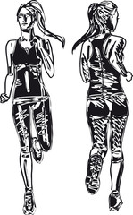 Sketch of female marathon runner, view of back and front. Vector