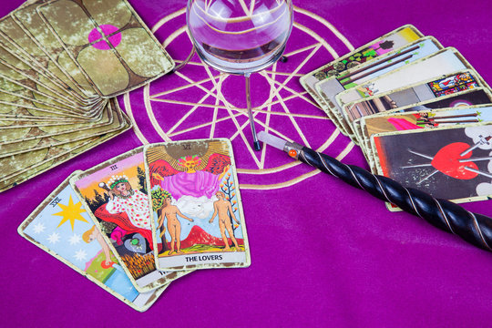 Tarot cards with a magic ball and magic wand (6).