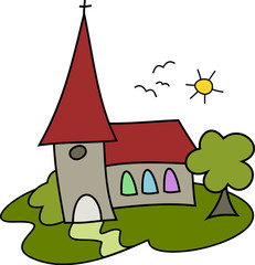 Obraz na płótnie Canvas Kinderzeichnung: Bunte Kirche (für Kommunion, Konfirmation, ...)