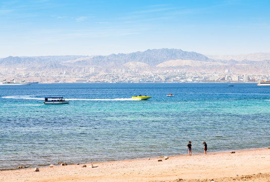 municipal Aqaba beach and view on Eilat town