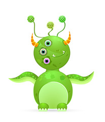 green cute monster with three eyes and horn