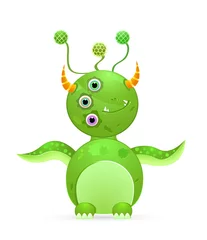 Papier Peint photo Lavable Créatures monstre mignon vert avec trois yeux et corne