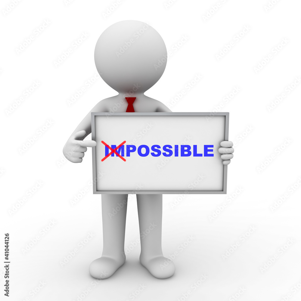 Aufkleber businessman showing the word impossible into possible