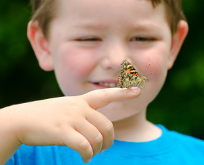 painted lady butterfly, Vanessa cardui, being held by child