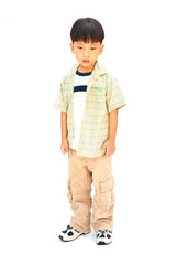 Full length Casual smiling Asian  little boy isolated on white b