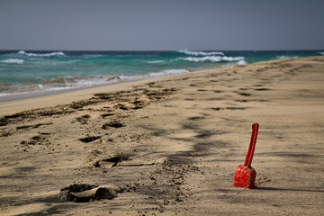 A single red shovel on a secluded sandy beach.