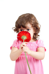 cute little girl with flower gift, isolated on white