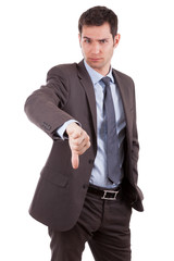 Naklejka premium Young caucasian business man making thumbs down