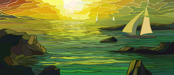 Naklejki  Ilustracja kreskówka jacht żaglowy w zachód słońca.
