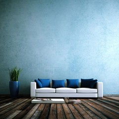 Wohndesign - Sofa vor blauer Wand