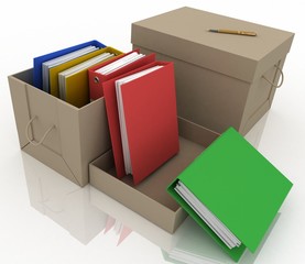 office folders in cardboard box on white background