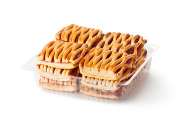 Biscuits with jam fillings in retail package