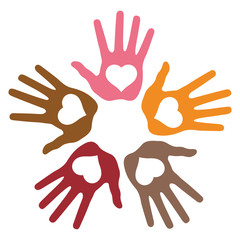 Circle of 5 loving hand prints, abstract vector illustration