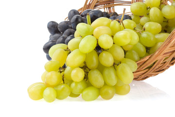 fresh grape fruits and basket isolated on white