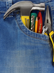 set of tools and instruments in jeans