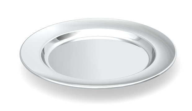 Served On Silver Platter. Silver Plate On White Background.