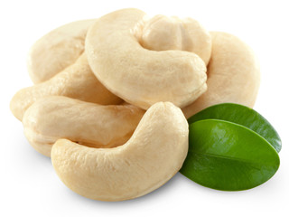 Cashew nuts isolated on white background. + Clipping Path