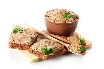 Fresh pate with bread on wooden board isolated on white - obrazy, fototapety, plakaty