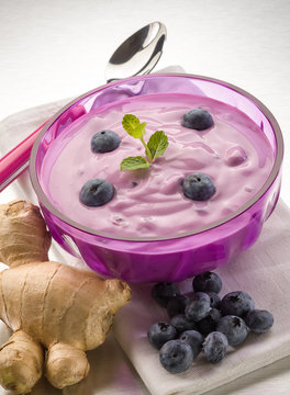 blueberry mousse with yogurt and ginger, healty food