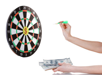 A hand throwing a dart at a sticker on darts on white background
