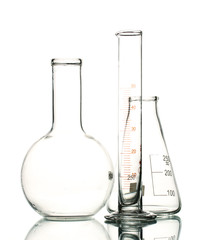 Three empty laboratory glassware with reflection isolated