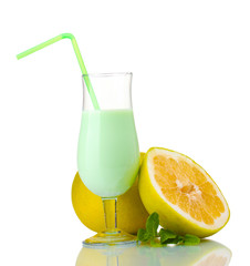Milk shake and pomelo isolated on white