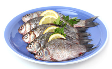 Fresh fishes with lemon and parsley on plate isolated on white