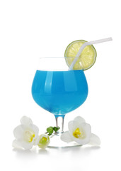 glass of blue cocktail with lime and flowers isolated on white