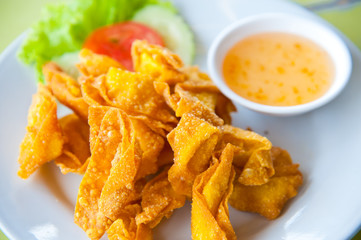 Deep Fried Wonton on white dish with plum sauce