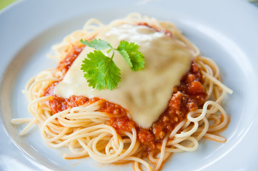 tasty spaghetti with cream, cheese and parsley close up