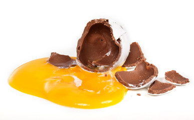 Broken chocolate egg with egg yolk