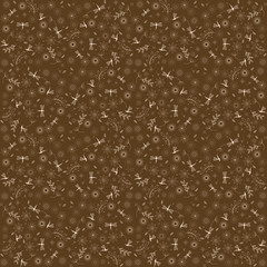Brown background with stylized flowers and dragonflies