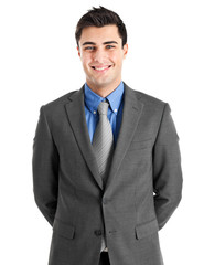 Smiling young businessman portrait isolated on white