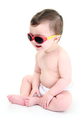 Baby laughing wearing sunglasses