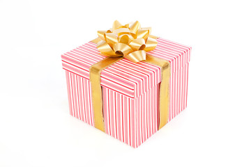 Single pink striped gift box with gold ribbon