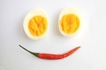 boiled egg and chilli is happy on white background