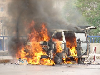 burning van explosion 