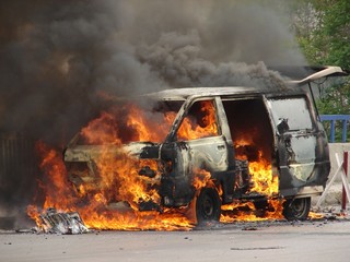 burning van explosion 