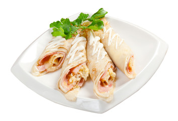 rolled pancakes stuffed ham and cheese.