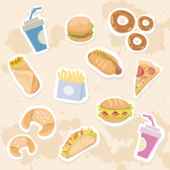Fastfood delicious stickers set on grungy background